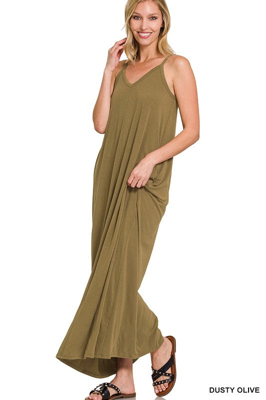 V-NECK CAMI MAXI DRESS WITH SIDE POCKETS