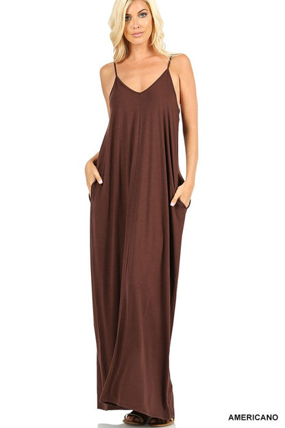 V-NECK CAMI MAXI DRESS WITH SIDE POCKETS