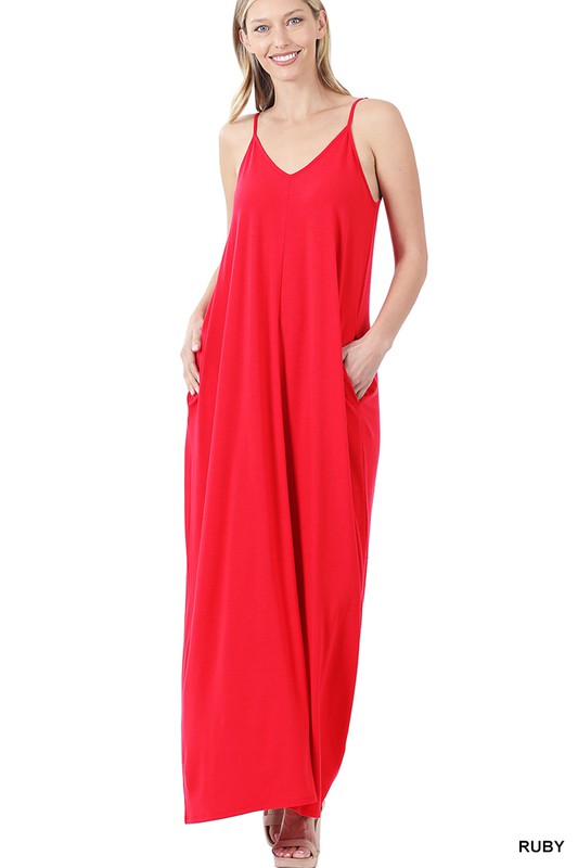 V-NECK CAMI MAXI DRESS WITH SIDE POCKETS