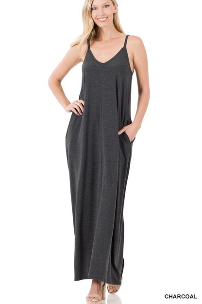 V-NECK CAMI MAXI DRESS WITH SIDE POCKETS