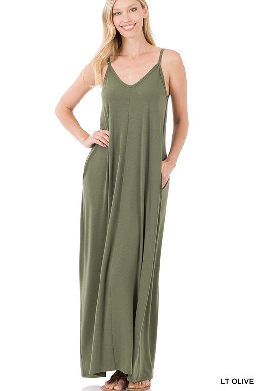 V-NECK CAMI MAXI DRESS WITH SIDE POCKETS