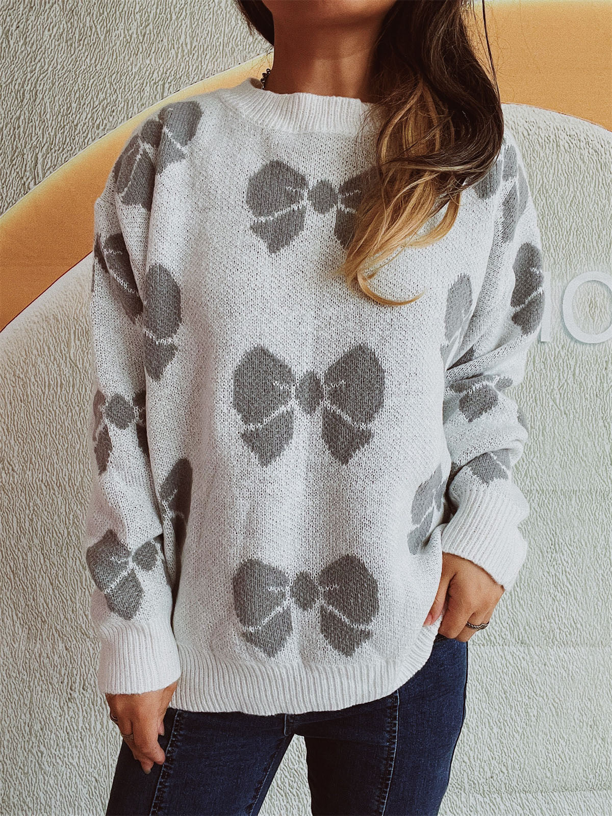 Bow Round Neck Dropped Shoulder Sweater