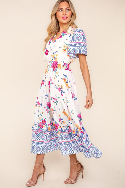 Printed Notched Short Sleeve Tiered Dress