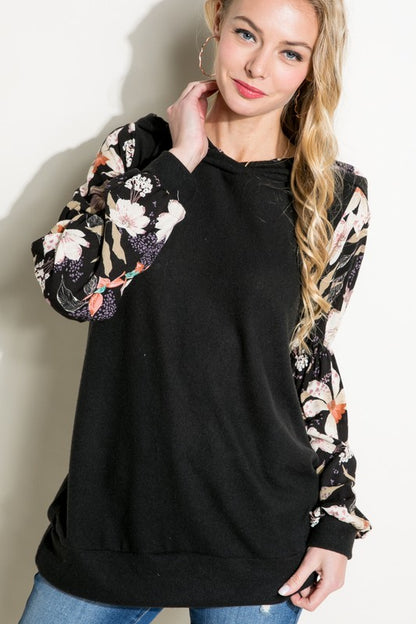 SOLID FLORAL PRINT BUBBLE PUFF SLEEVE HOODIE TOP