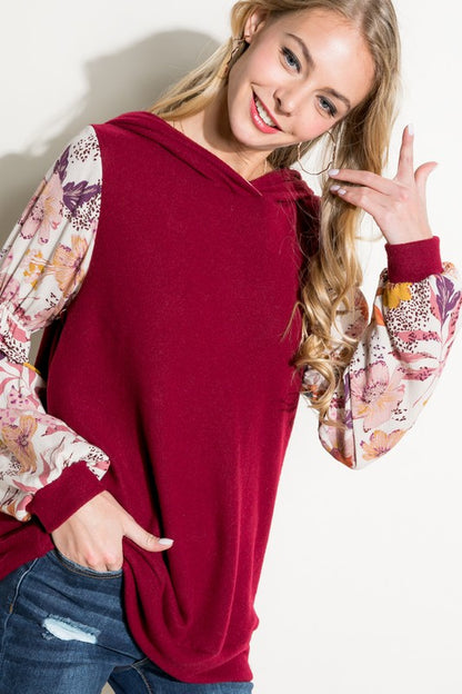 SOLID FLORAL PRINT BUBBLE PUFF SLEEVE HOODIE TOP