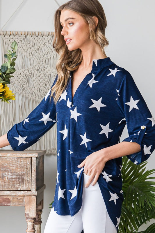 Roll-Tab Sleeve Star Print Top