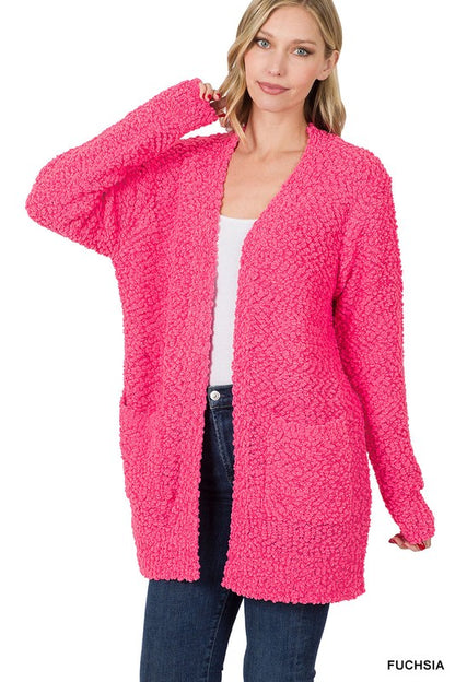 LONG SLEEVE POPCORN SWEATER CARDIGAN WITH POCKETS