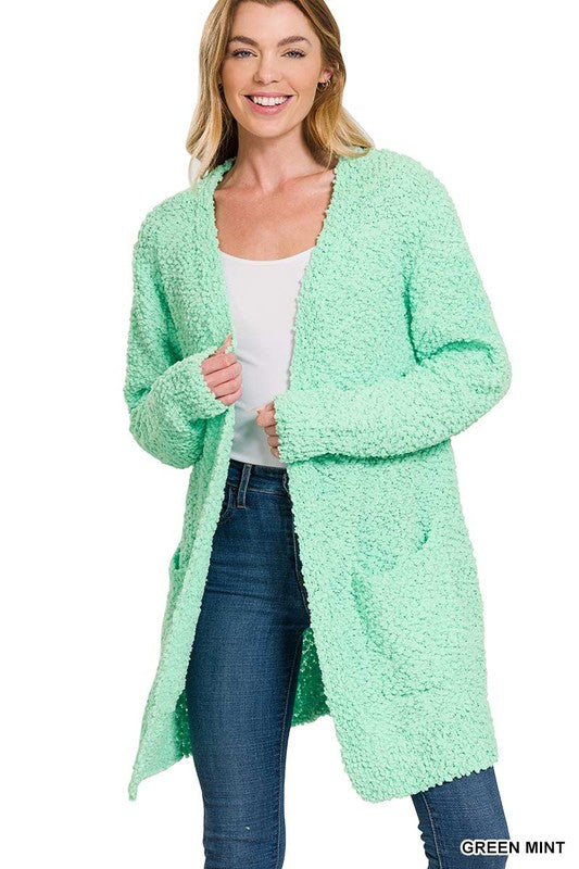 LONG SLEEVE POPCORN SWEATER CARDIGAN WITH POCKETS