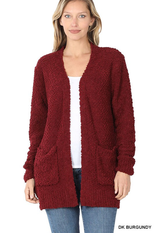 LONG SLEEVE POPCORN SWEATER CARDIGAN WITH POCKETS