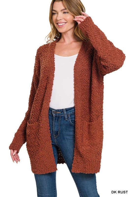 LONG SLEEVE POPCORN SWEATER CARDIGAN WITH POCKETS