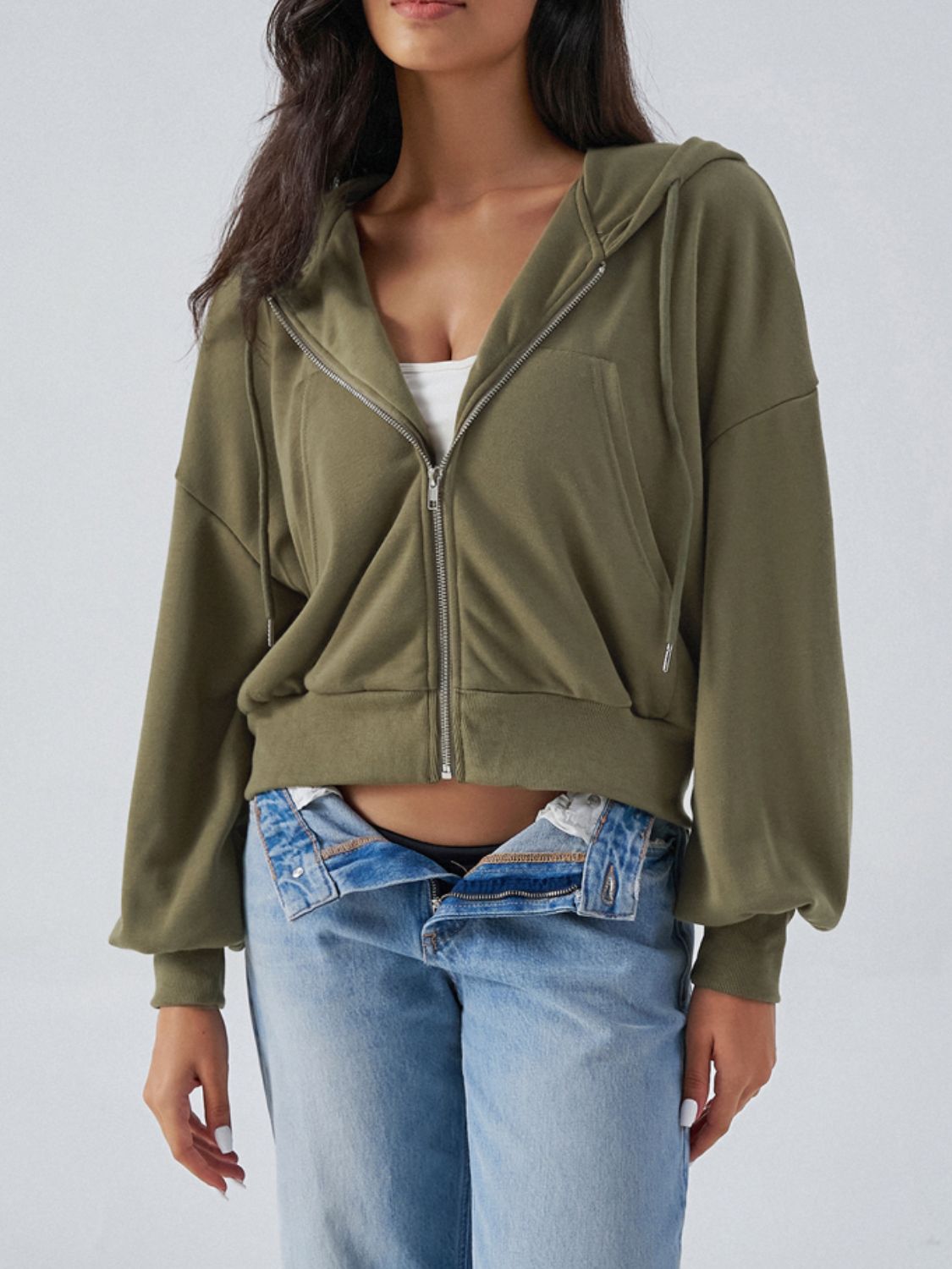 Drawstring Zip Up Long Sleeve Hoodie