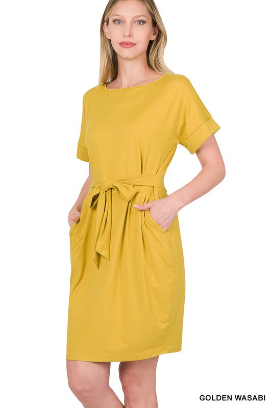 BRUSHED DTY TIE-BELT DRESS