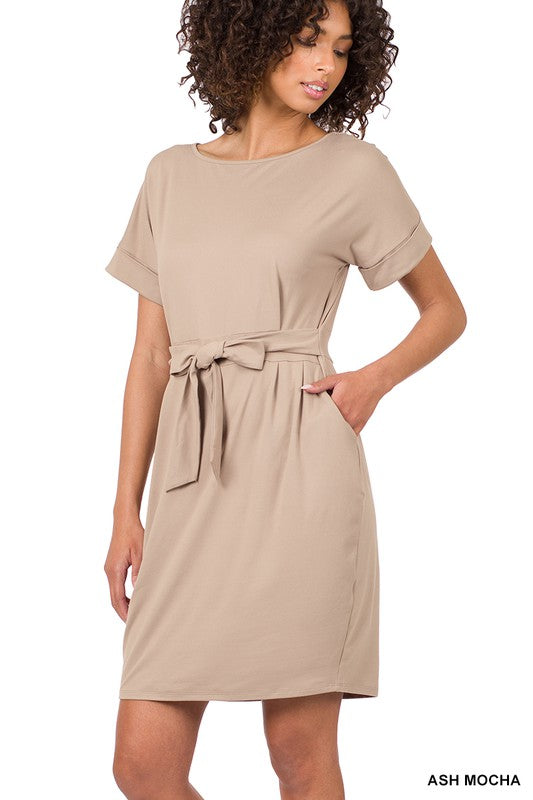 BRUSHED DTY TIE-BELT DRESS