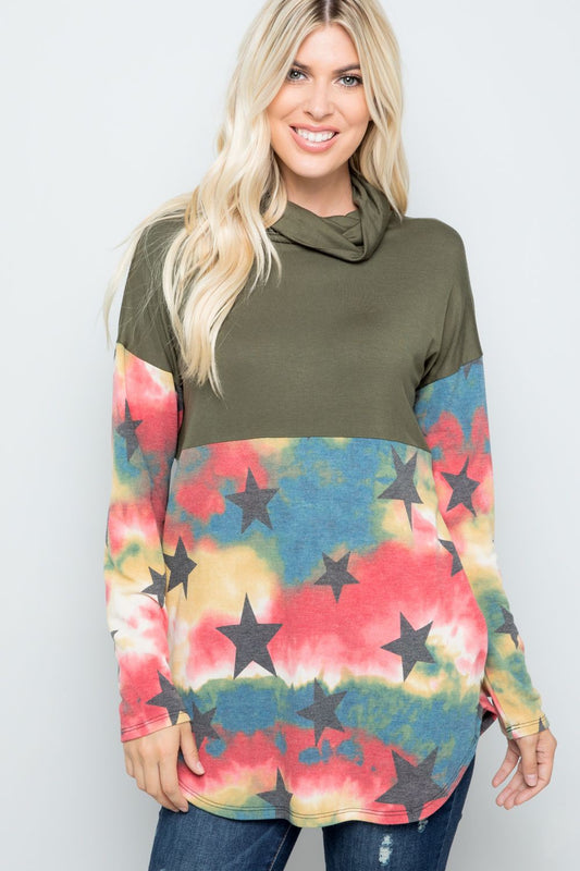 Tie-Dye Star Print Long Sleeve Blouse