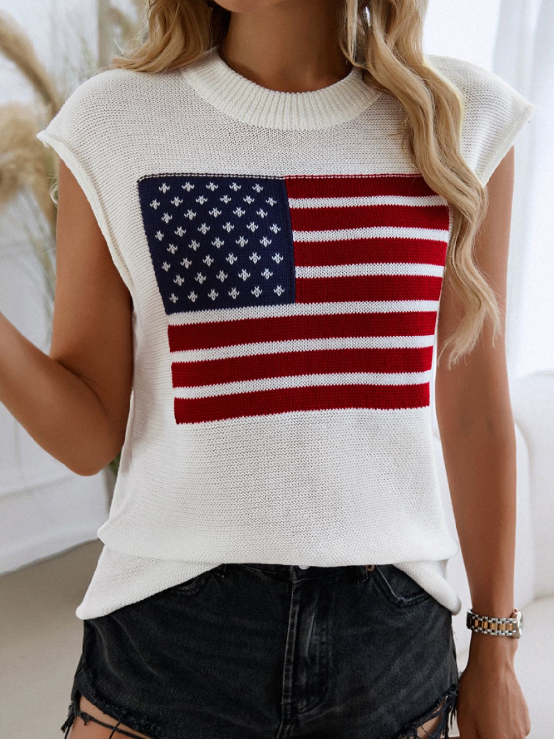 US Flag Round Neck Sweater Vest