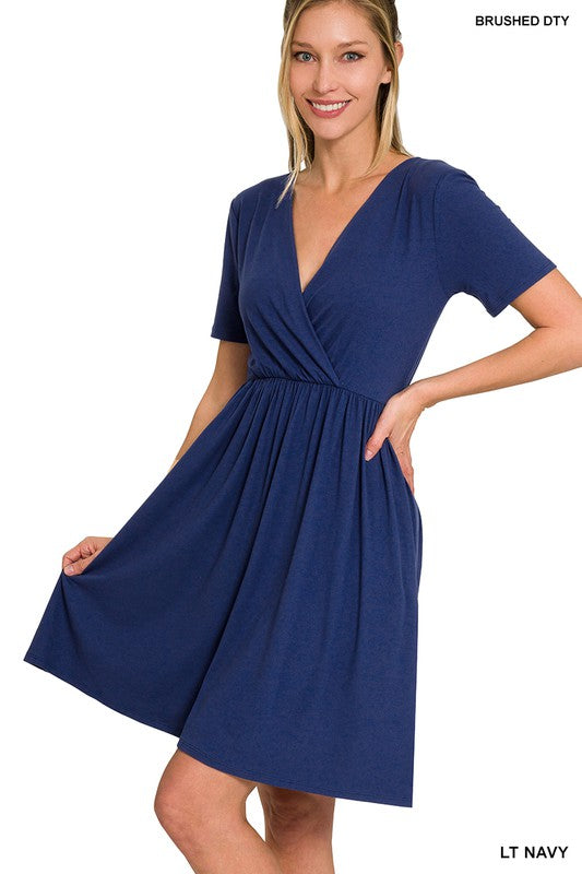 BRUSHED DTY BUTTERY SOFT FABRIC SURPLICE DRESS