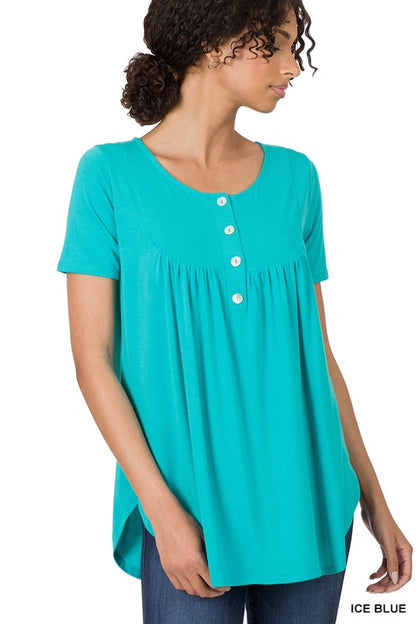 SHORT SLEEVE DOLPHIN HEM SHELL BUTTON TOP