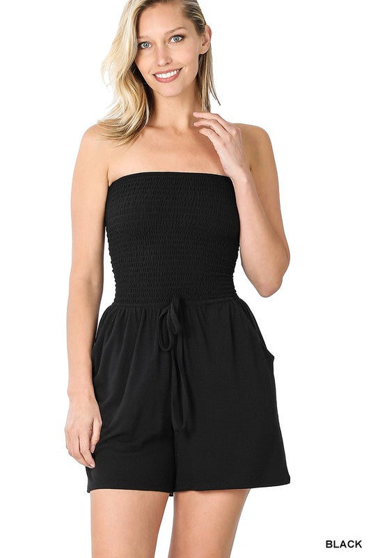 SMOCKED TUBE ROMPER WITH POCKET