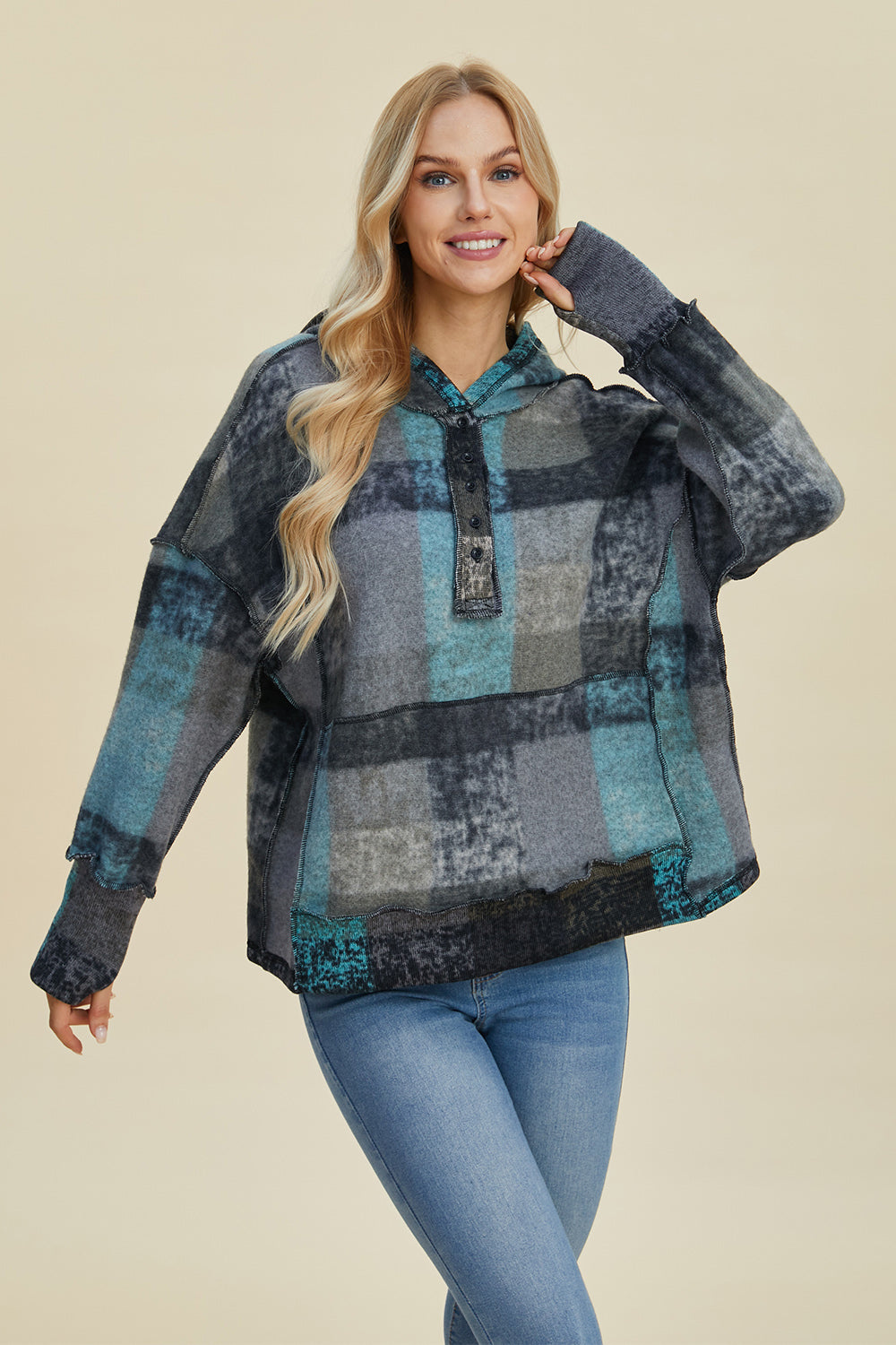 Plaid Dropped Shoulder Fleece Hoodie