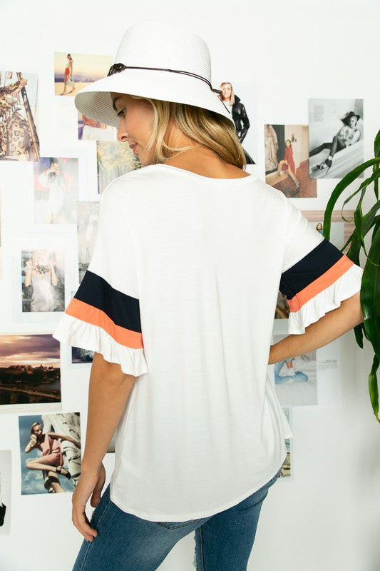 SOLID JERSEY COLOR BLOCKED RUFFLED SLEEVE TOP