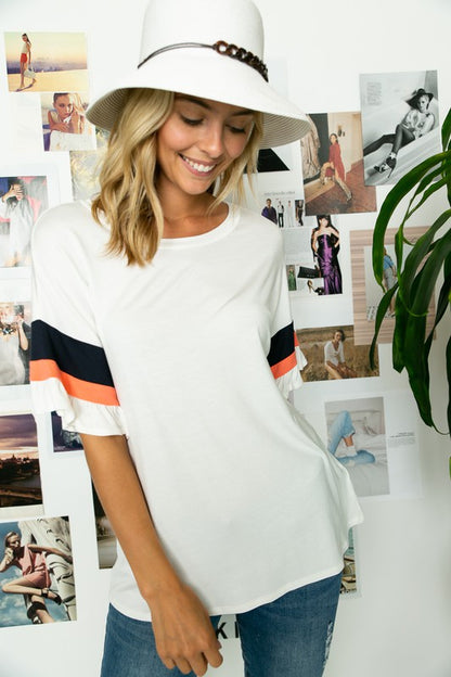 SOLID JERSEY COLOR BLOCKED RUFFLED SLEEVE TOP