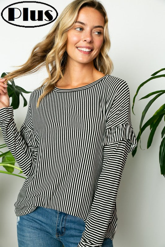 PIN STRIPE RUFFLED LONG SLEEVE ROUND NECK PLUS TOP