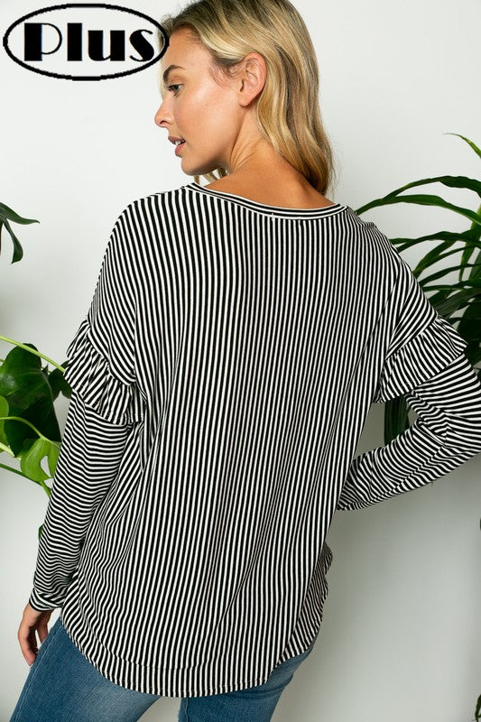 PIN STRIPE RUFFLED LONG SLEEVE ROUND NECK PLUS TOP