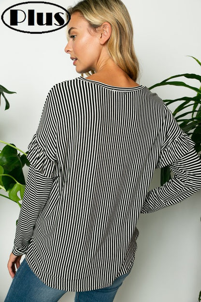 PIN STRIPE RUFFLED LONG SLEEVE ROUND NECK PLUS TOP