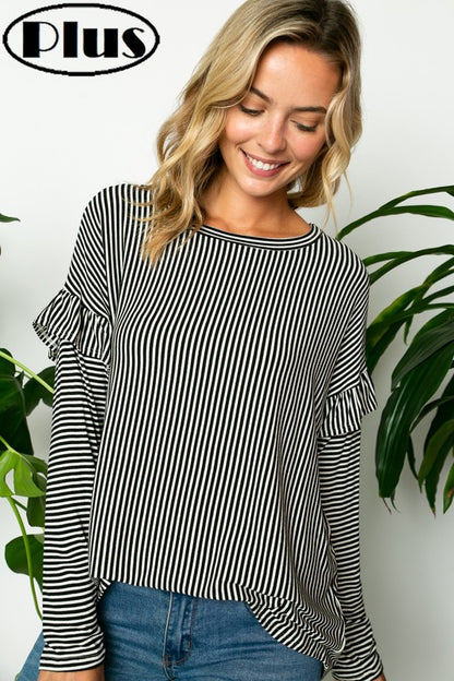 PIN STRIPE RUFFLED LONG SLEEVE ROUND NECK PLUS TOP