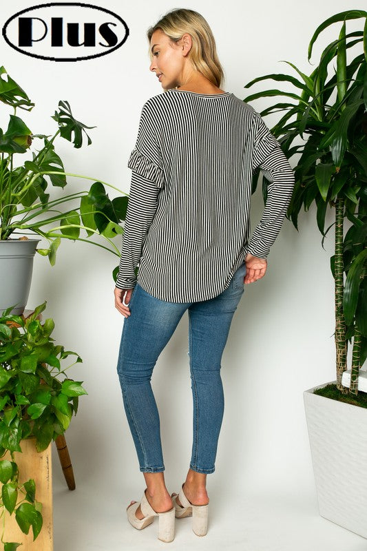 PIN STRIPE RUFFLED LONG SLEEVE ROUND NECK PLUS TOP