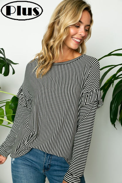 PIN STRIPE RUFFLED LONG SLEEVE ROUND NECK PLUS TOP