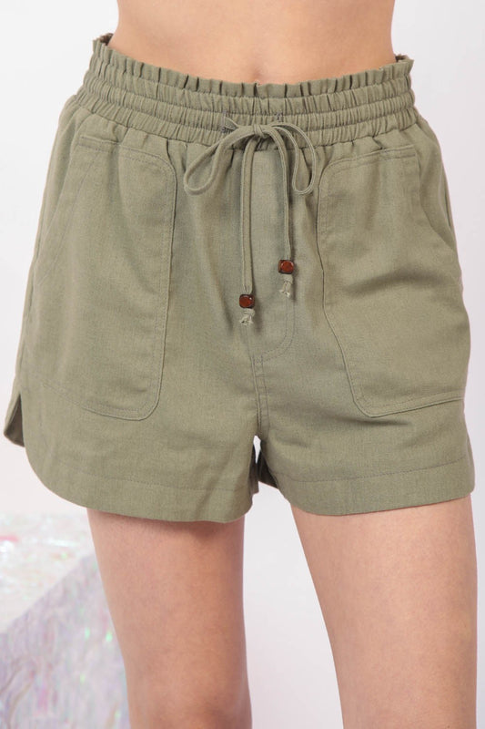 Drawstring Elastic Waist Linen Shorts