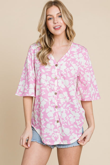 Floral Decorative Button V-Neck Top