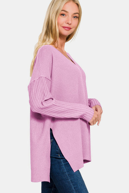 V-Neck Side Slit High-Low Sweater