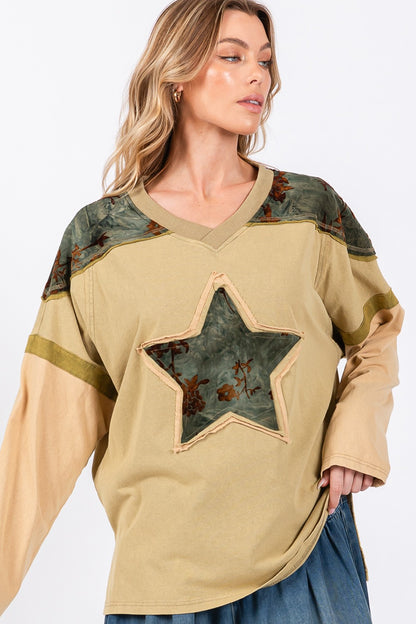 Star Patch Long Sleeve Color Block T-Shirt