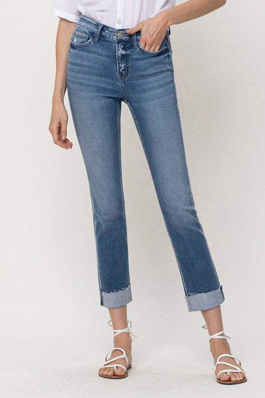 Flying Monkey Mid-Rise Single Cuffed Crop Slim Straight Jeans