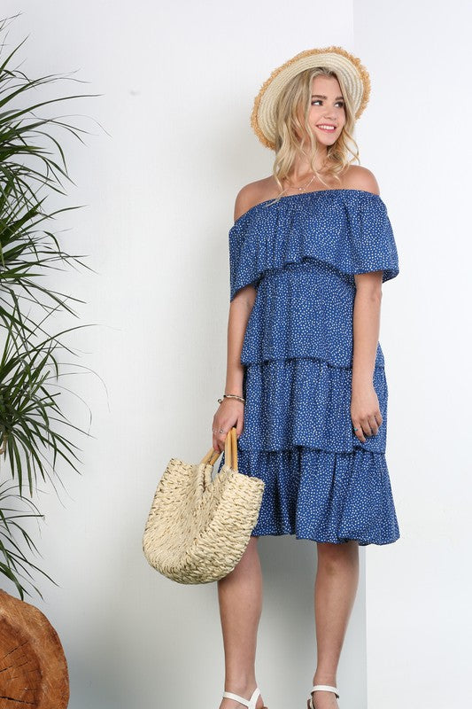 OFF THE SHOULDER THREE LAYERS RUFFLE DRESS