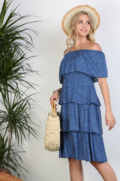 OFF THE SHOULDER THREE LAYERS RUFFLE DRESS