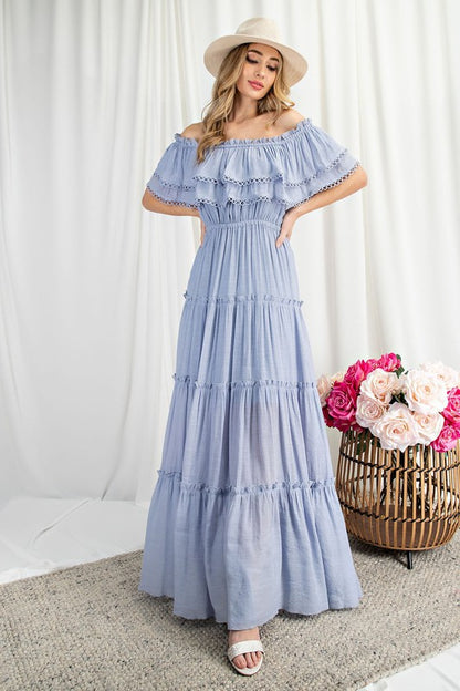 OFF THE SHOULDER RUFFLE MAXI DRESS