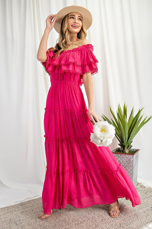 OFF THE SHOULDER RUFFLE MAXI DRESS