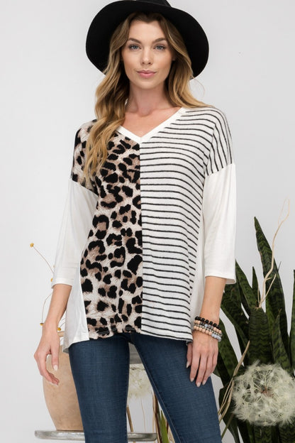 Front Leopard and Striped Print V-Neck T-Shirt