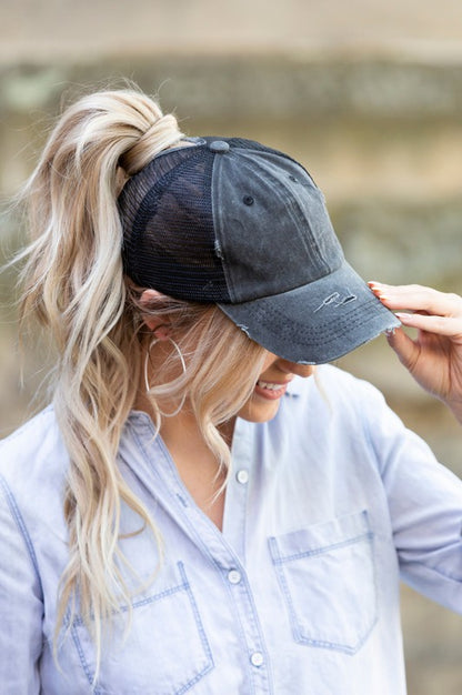 Distressed Messy Bun Hat Cap