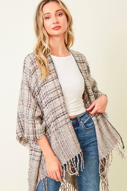 MULTI PLAID FRINGE PONCHO SHAWL