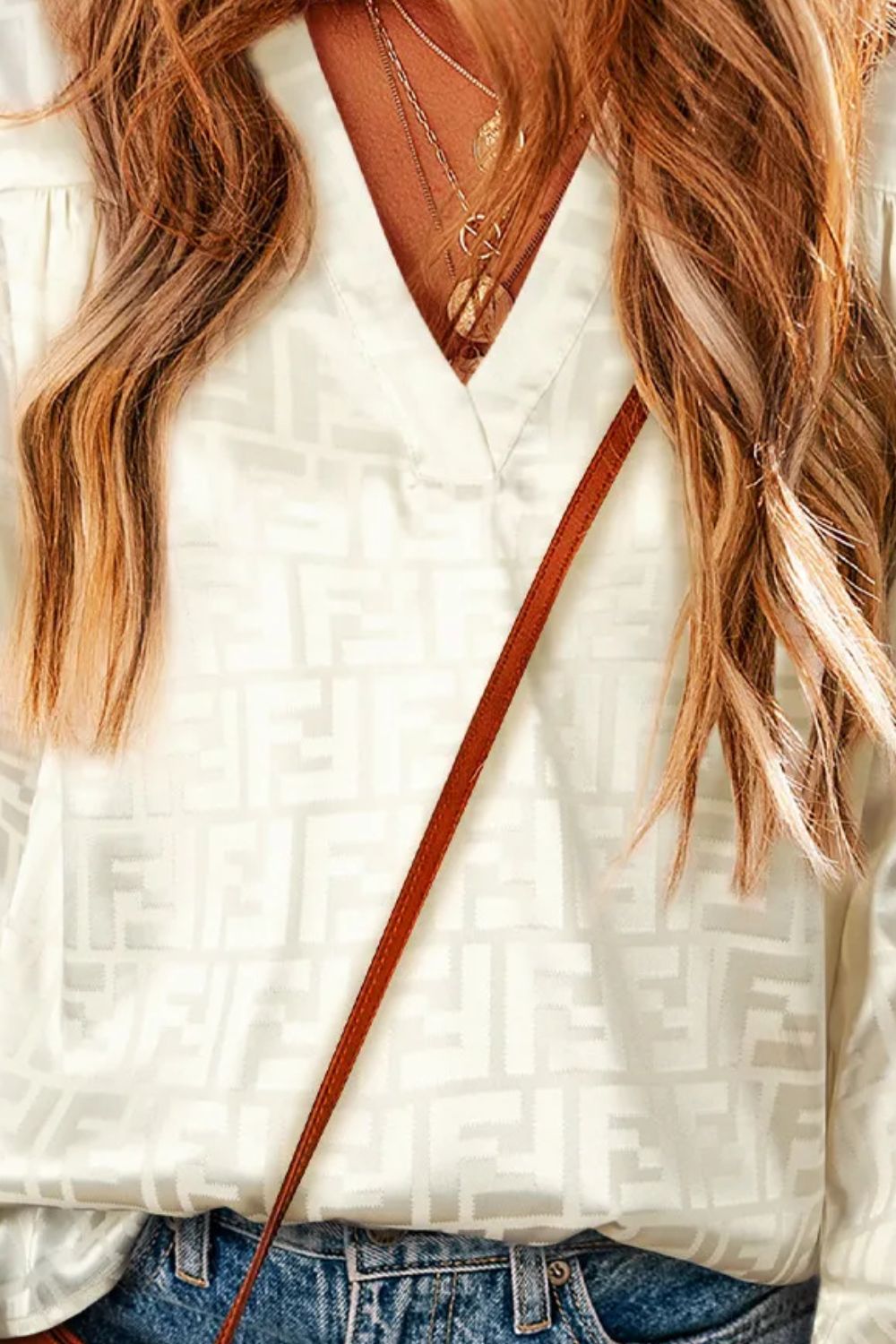 Geometric V-Neck Long Sleeve Blouse