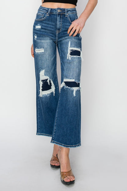 Risen High Rise Patch Detailed Wide Leg Crop Jeans