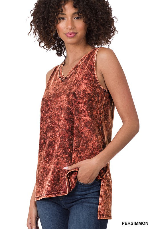 MINERAL WASH SLEEVELESS V-NECK TOP WITH SIDE SLIT