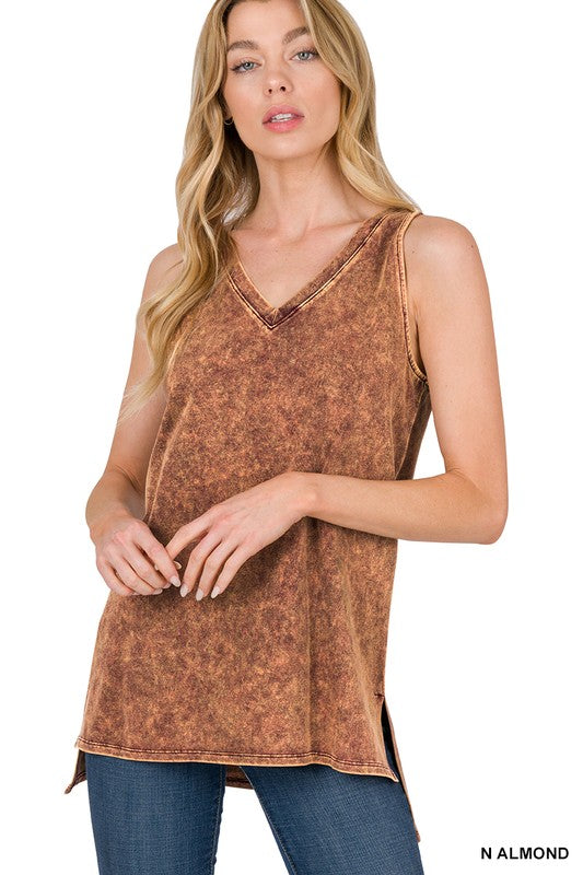 MINERAL WASH SLEEVELESS V-NECK TOP WITH SIDE SLIT