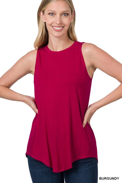 LUXE RAYON SLEEVELESS ROUND NECK HI-LOW HEM TOP