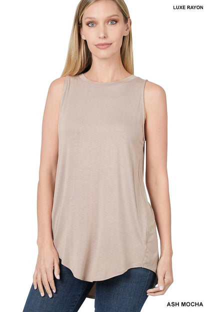 LUXE RAYON SLEEVELESS ROUND NECK HI-LOW HEM TOP