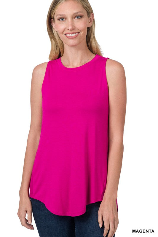 LUXE RAYON SLEEVELESS ROUND NECK HI-LOW HEM TOP